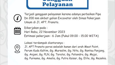 Lagi !! Gangguan Pelayanan Air PDAM Akibat Galian Excavator di JL. APT Pranoto Sangatta, Simak Informasi Lengkapnya